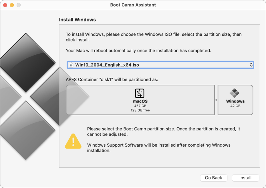 Abra o Boot Camp Assistant no seu Mac.
Siga as instruções na tela para criar uma nova partição para o Windows.