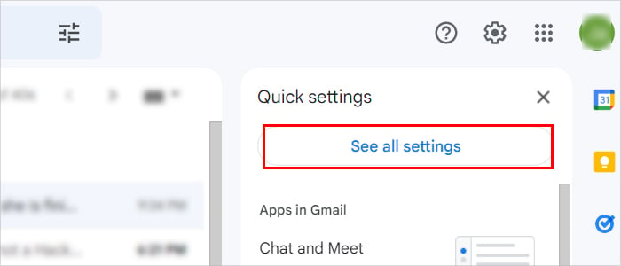 Abra o Gmail e faça login na sua conta.
Clique no ícone de engrenagem no canto superior direito e selecione Configurações.