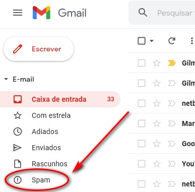 Acesse a sua conta do Gmail
Clique na aba Spam na lateral esquerda
