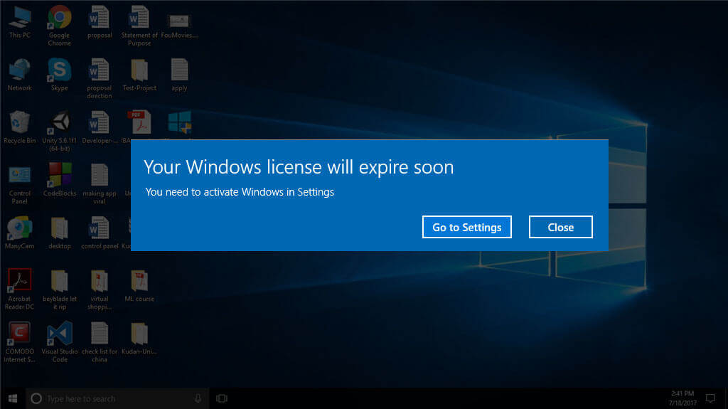 Alerta do Windows Action Center: Sua licença do Windows expirará em breve. Tome uma ação agora mesmo.
Mensagem na área de trabalho: Aviso: Sua licença do Windows está próxima de expirar. Renove-a para continuar usando o sistema operacional.