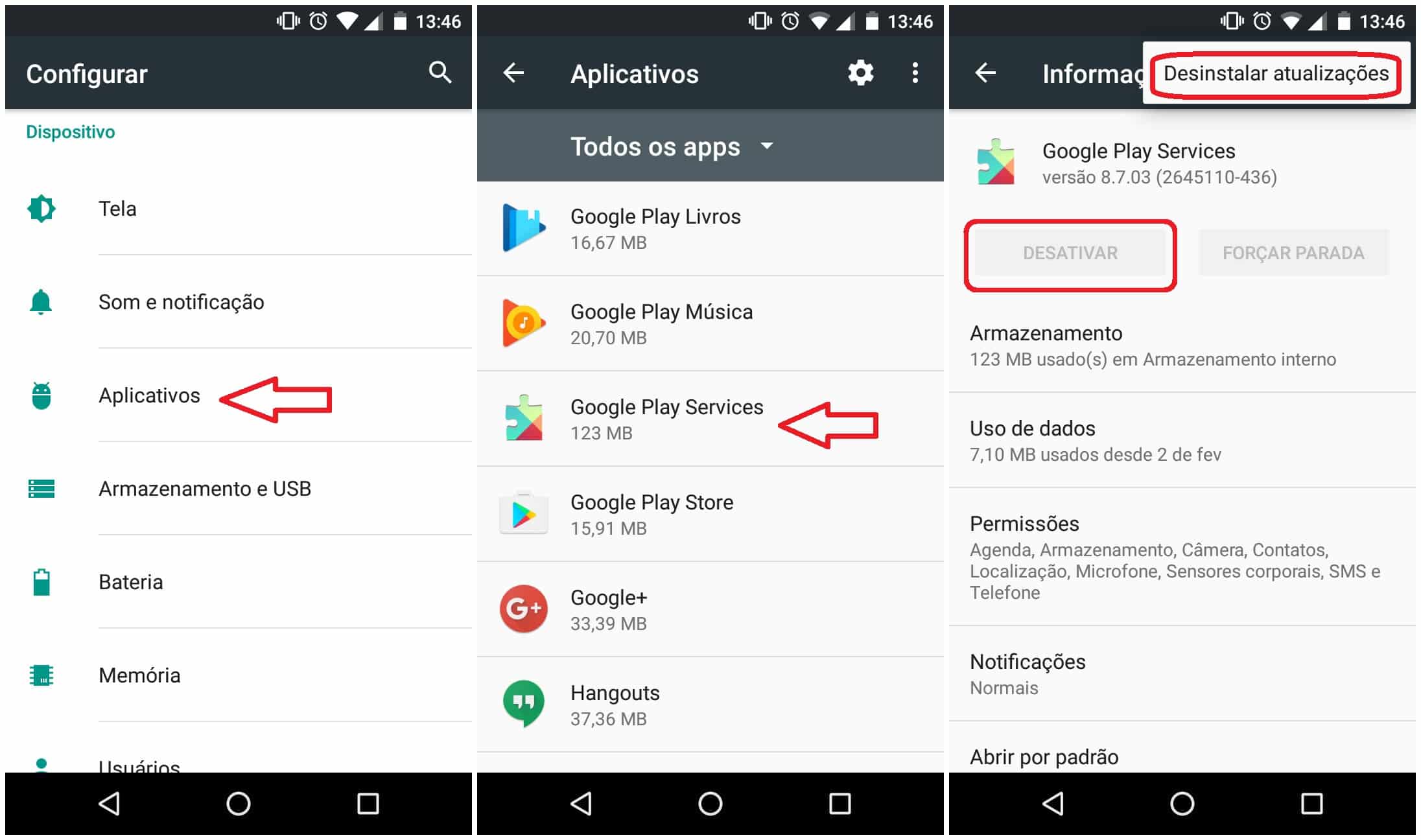 Desinstale os serviços do Google Play Services do seu dispositivo Android
Abra as Configurações do seu dispositivo
