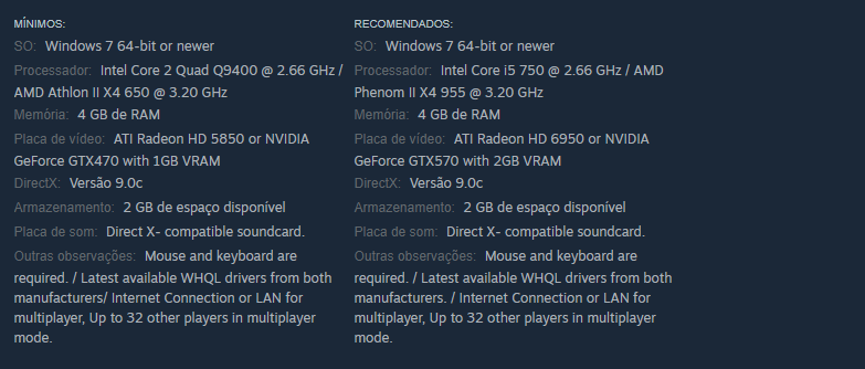 DirectX: Versão 11
Armazenamento: 3 GB de espaço disponível