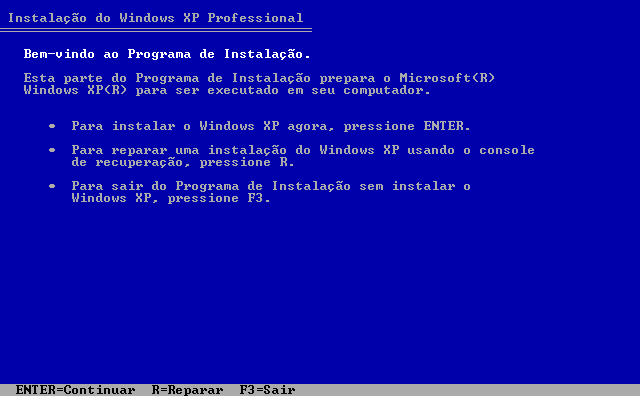 Na tela de boas-vindas, pressione Enter para iniciar a instalação do Windows.
Pressione F8 para aceitar o contrato de licença.