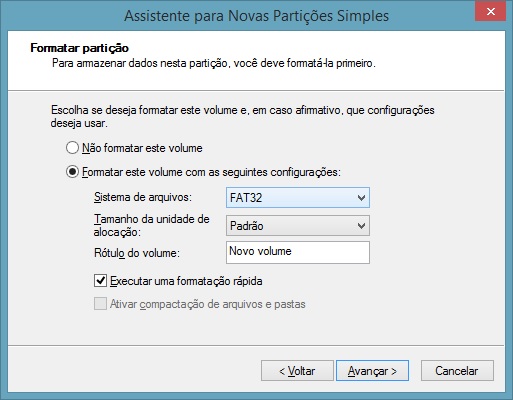 Passo 4: Siga as instruções do assistente de criação de volume para criar uma nova partição no pen drive.
Passo 5: Escolha o sistema de arquivos desejado para a nova partição (recomenda-se usar o sistema de arquivos FAT32 para maior compatibilidade).