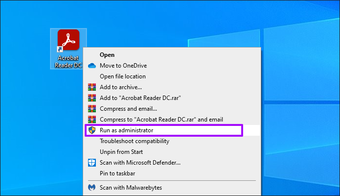 Selecione Executar como administrador.
Verifique se o Adobe Acrobat funciona corretamente após a reinicialização.