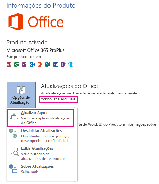 Verifique se você está usando a versão mais atualizada do Office 2013. Se não estiver, faça o download e instale as atualizações disponíveis.
Desative temporariamente qualquer software antivírus ou firewall que possa estar bloqueando a ativação do Office.