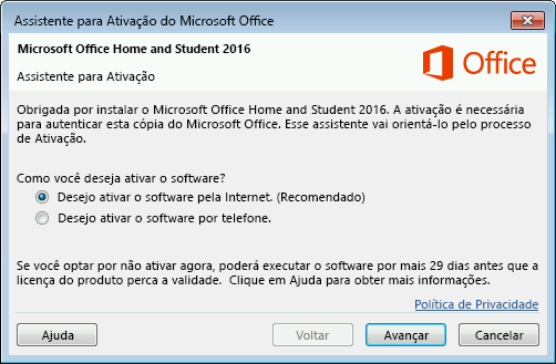 Verifique se você possui uma licença válida do Microsoft Office 2013.
Verifique sua conexão com a Internet para garantir que você possa se conectar aos servidores de ativação.